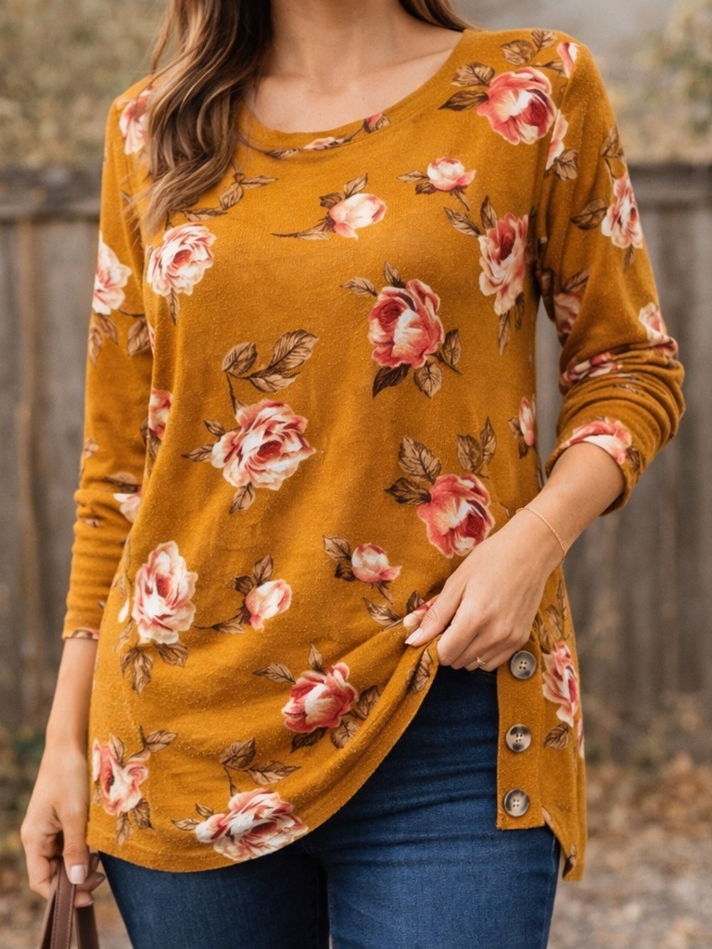 Yellow Mustard Red White Floral Sweater Unique Side Button Detail Agnes & Dora